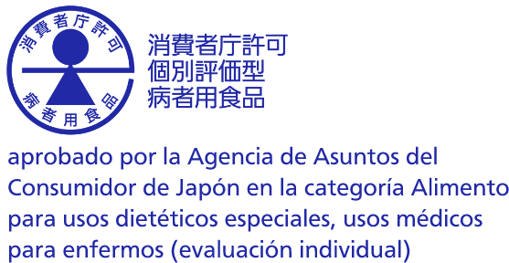 aprobado por la Agencia de Asuntos del Consumidor de Japón en la categoría Alimento para usos dietéticos especiales, usos médicos para enfermos (evaluación individual)