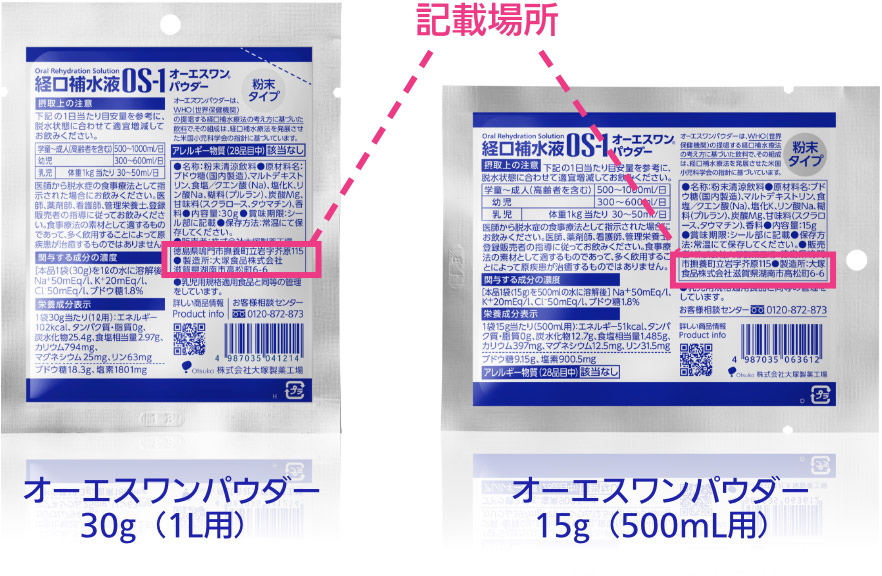 オーエスワンパウダー内容量：30g（1L用）・オーエスワンパウダー内容量：15g（500ｍL用）